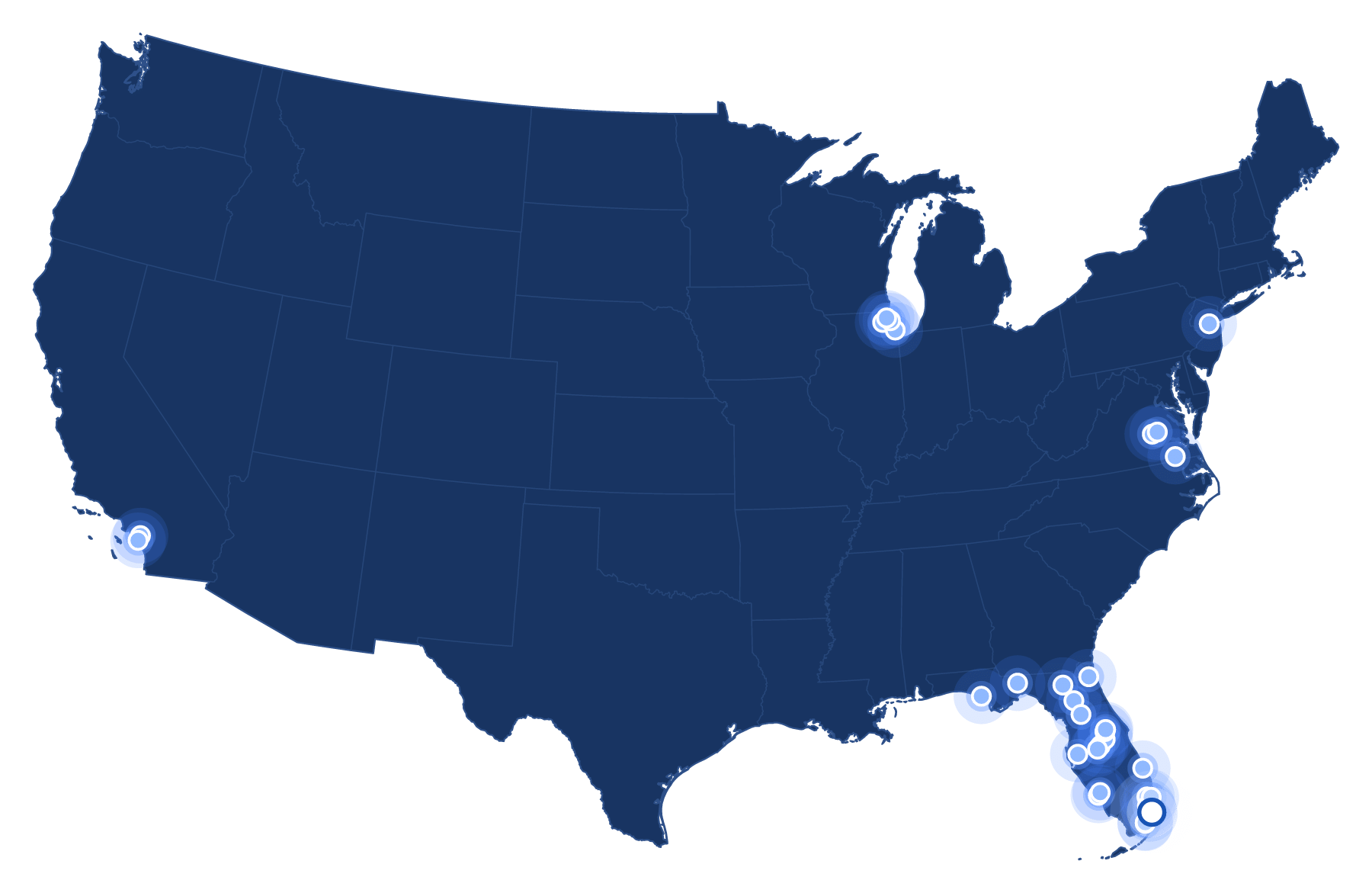 Map of the United States showing Network Data Services client locations, with headquarters in Miami