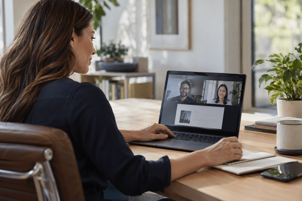 Professional on a video call working remotely from her laptop
